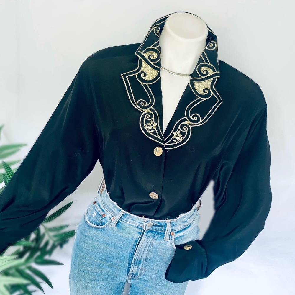 Vintage Black Blouse with Gold Embroidered Collar - Picture 2 of 15
